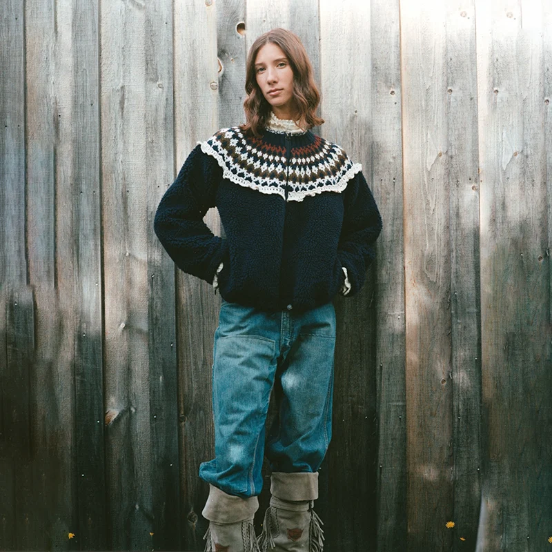 Spring 2026 Women's Blue Knitted Fleece Patchwork Warm Fair Isle Embroidery Jacket Casual Loose Style Drawstring Waist