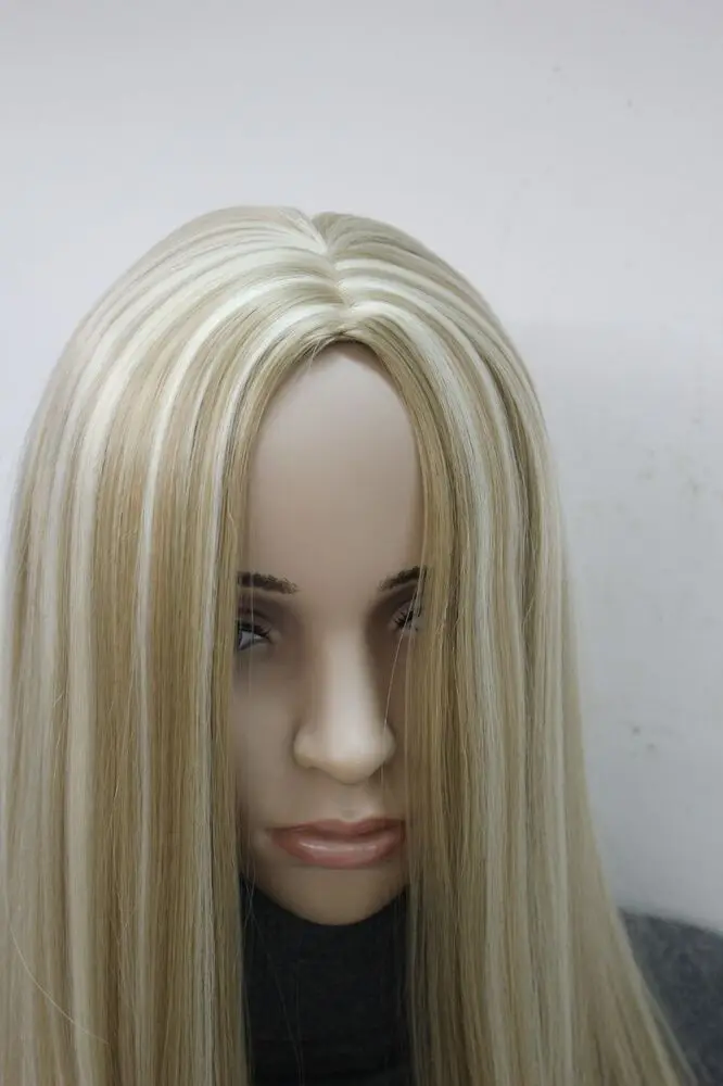New no bangs honey ash blonde mix long straight synthetic hair women's full wig