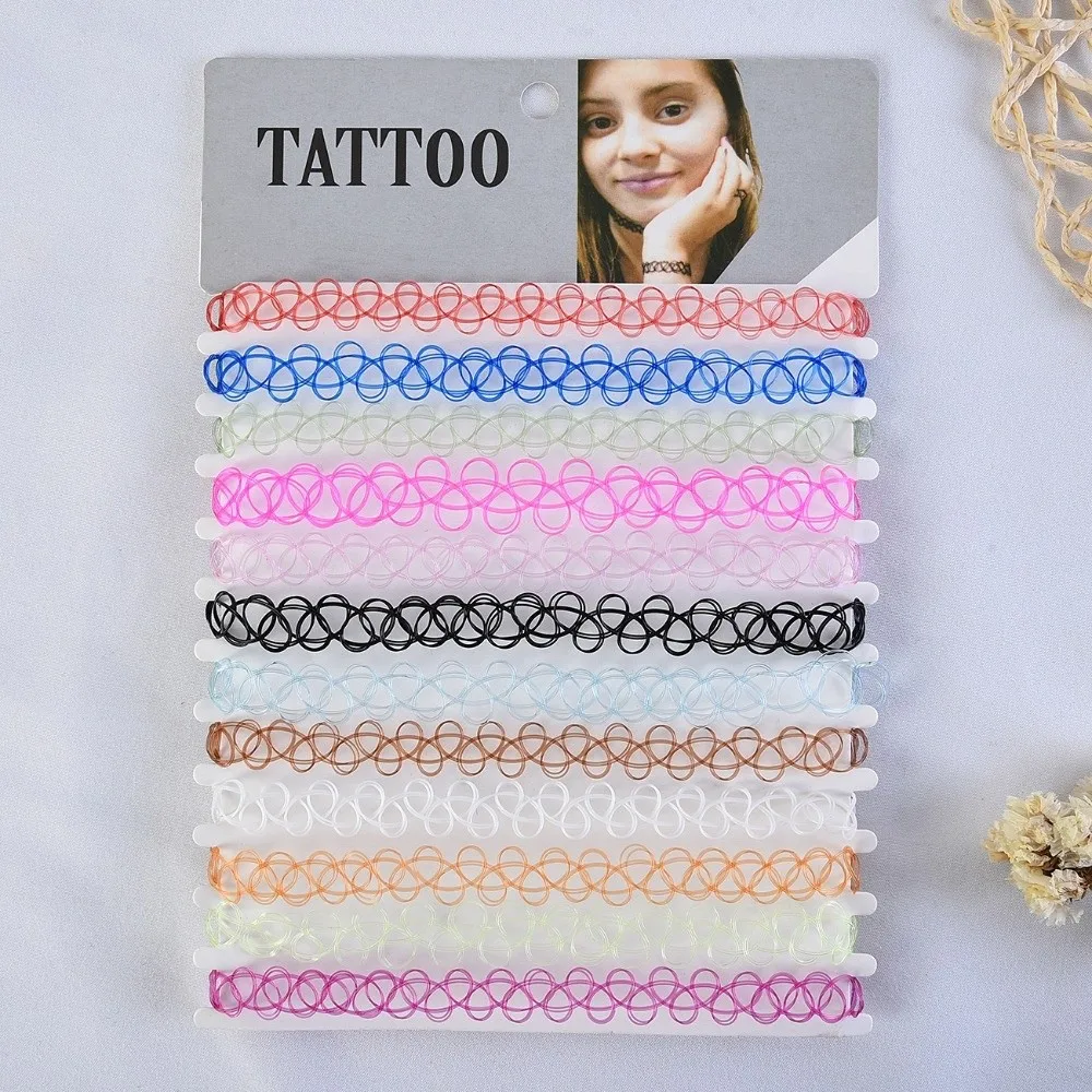 12Pcs/Set Fashion Colorful Fishline Necklaces Set Punk Style Elastic Braided Layered Set Short Black Clavicle Chain Gifts