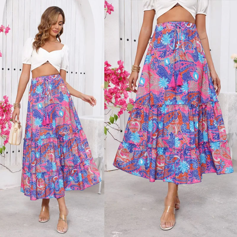 

New Long Skirt Retro Skirt Loose Casual High Waist Skirt Bohemian Style Patchwork Pleated Pocket Skirt