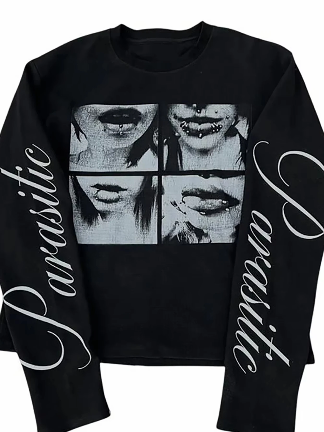 Autumn and Winter gothic Style Portrait Print Long-Sleeved T-Shirt with Y2K Letter Pattern, Loose Street Casual Top view 5