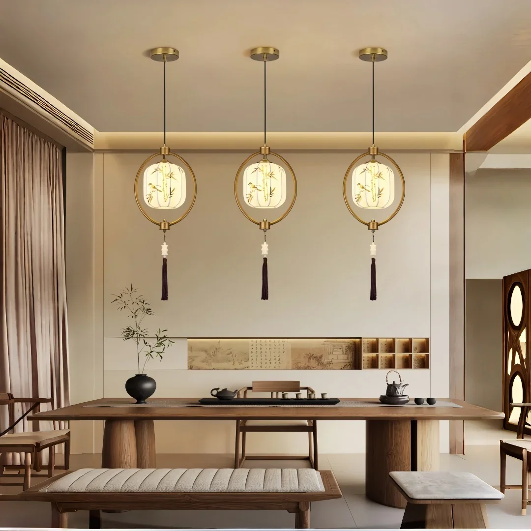 TechHPElegant Chinese Style Bamboo Bird Pendant Light Oriental Zen Pendant Lamp For Dining Room Living Room Tea Room Home Decor