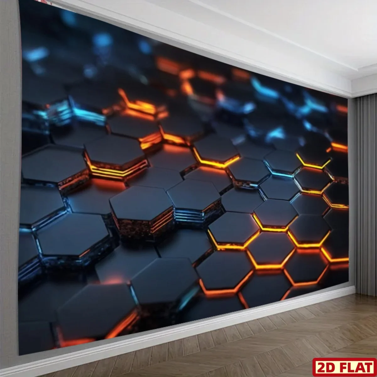 Futuristic Hexagon Tech Panel Glowing Orange Blue Circuit Board Pattern Tapestry Wall Hanging for Gaming Room Cyberpunk Decor
