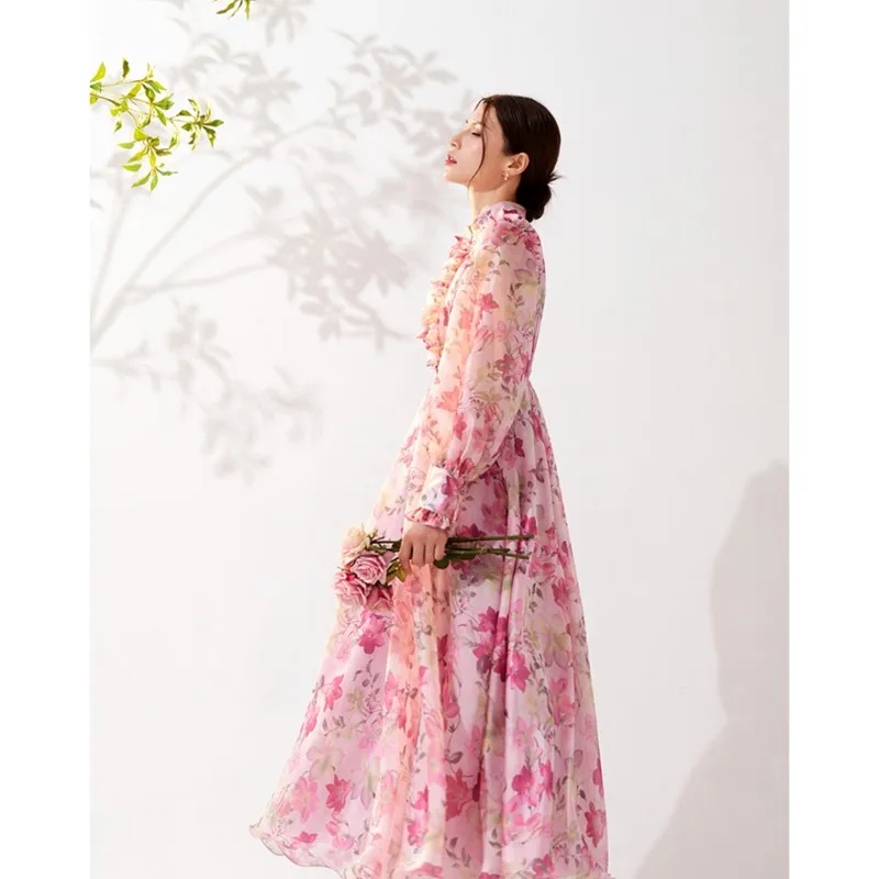 Pink printed anti-aging long sleeve unique temperament tea break dress