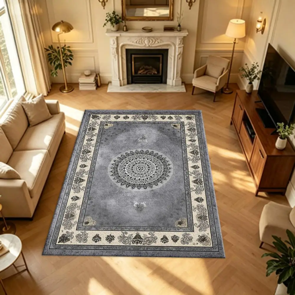 Vintage Medallion Carpet Flooring, Gray Oriental Ornate Border Area Rug for Home Decor