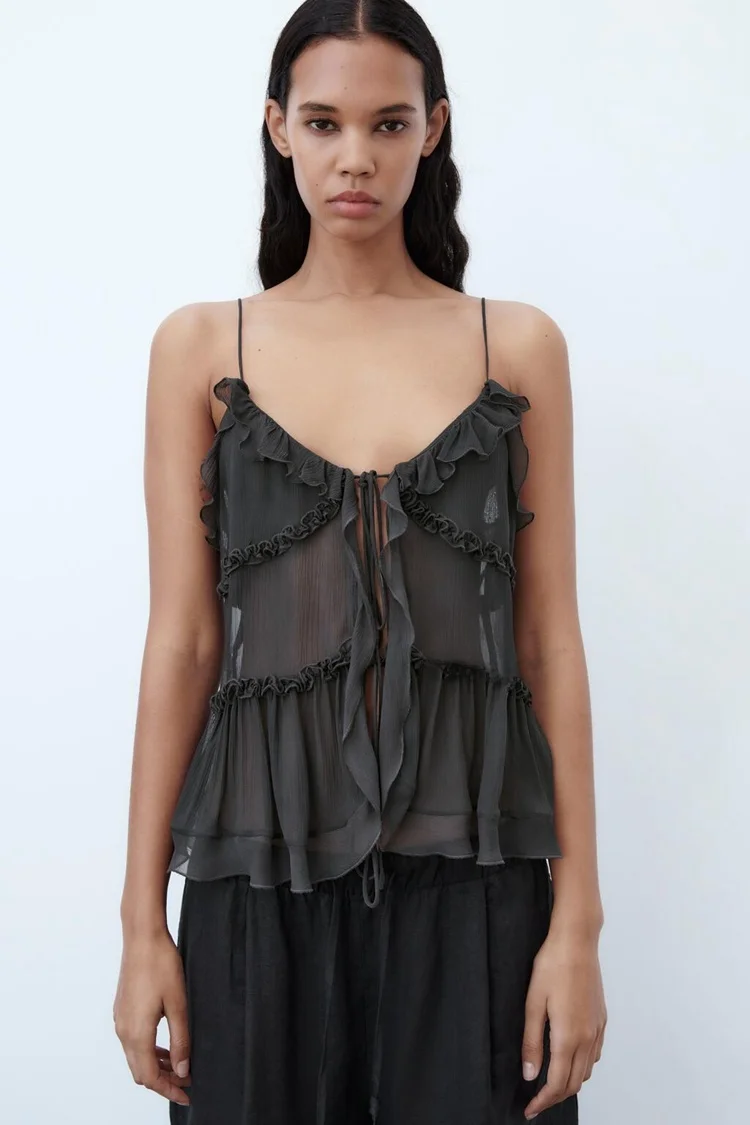 

Faionable Svel Semi-Transparent Layered Decoration Women's Top Street Sle Pure Color ort Length Straight Cut Vest