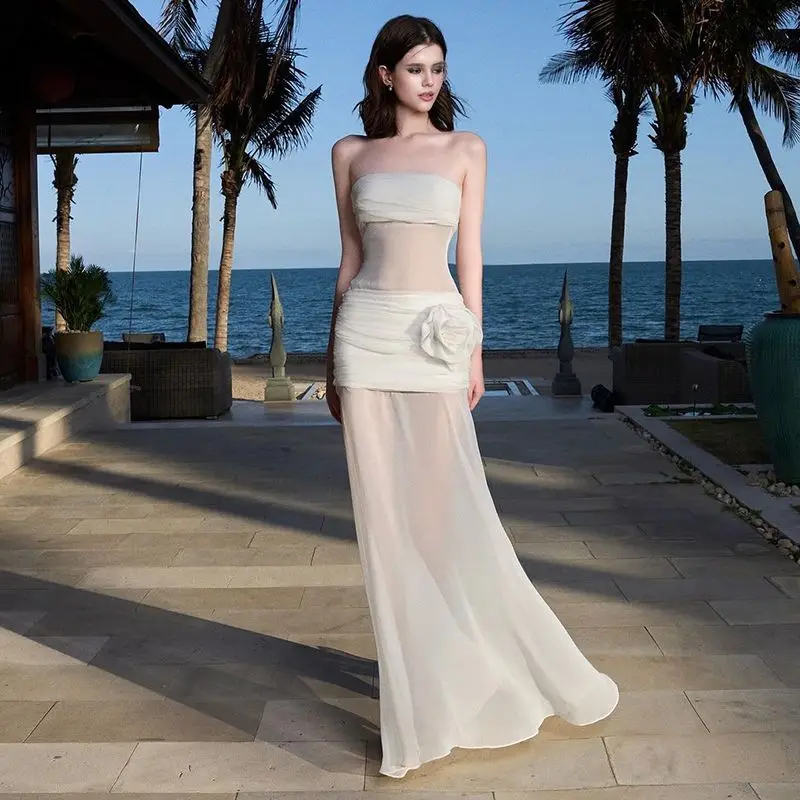 Seaside Elegant Mesh Perspective Long Dress Woman Sexy Strapless Summer Waist Hugging Y2K White Wedding Evening Dresses