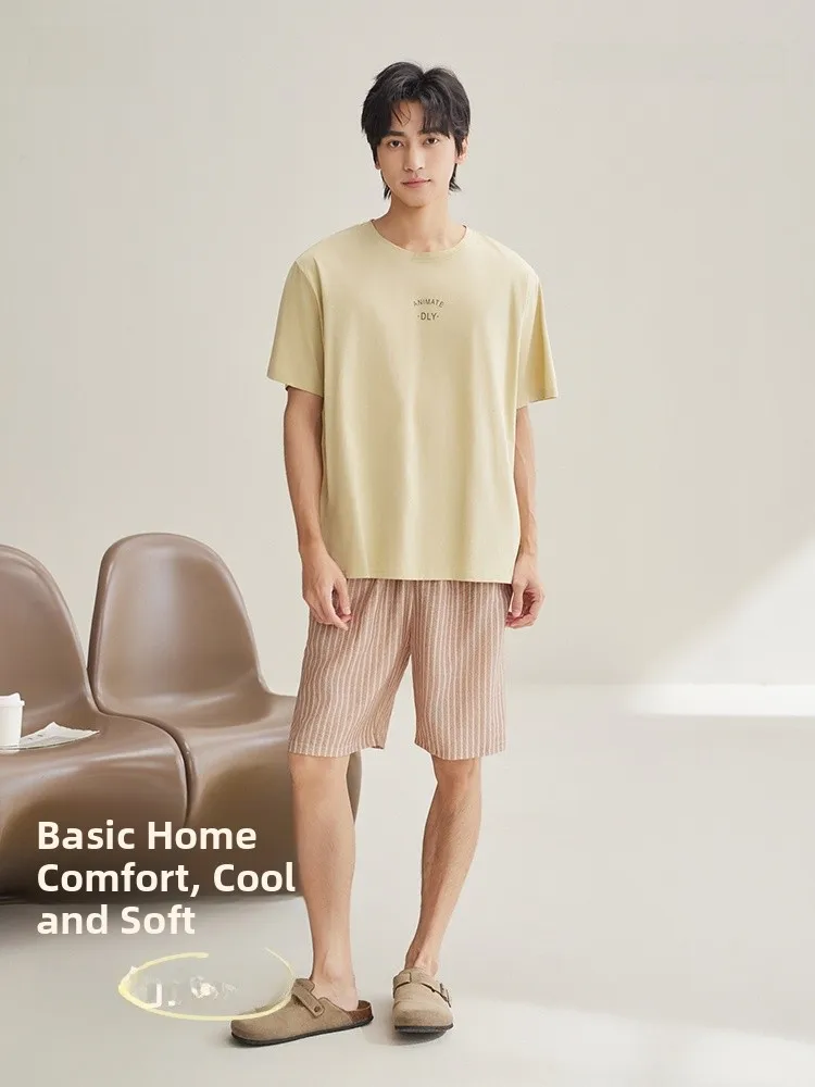 anziban-pure-cotton-men's-sleepwear-summer-cool-feeling-overhead-short-sleeve-striped-shorts-casual-simple-home-clothes-set