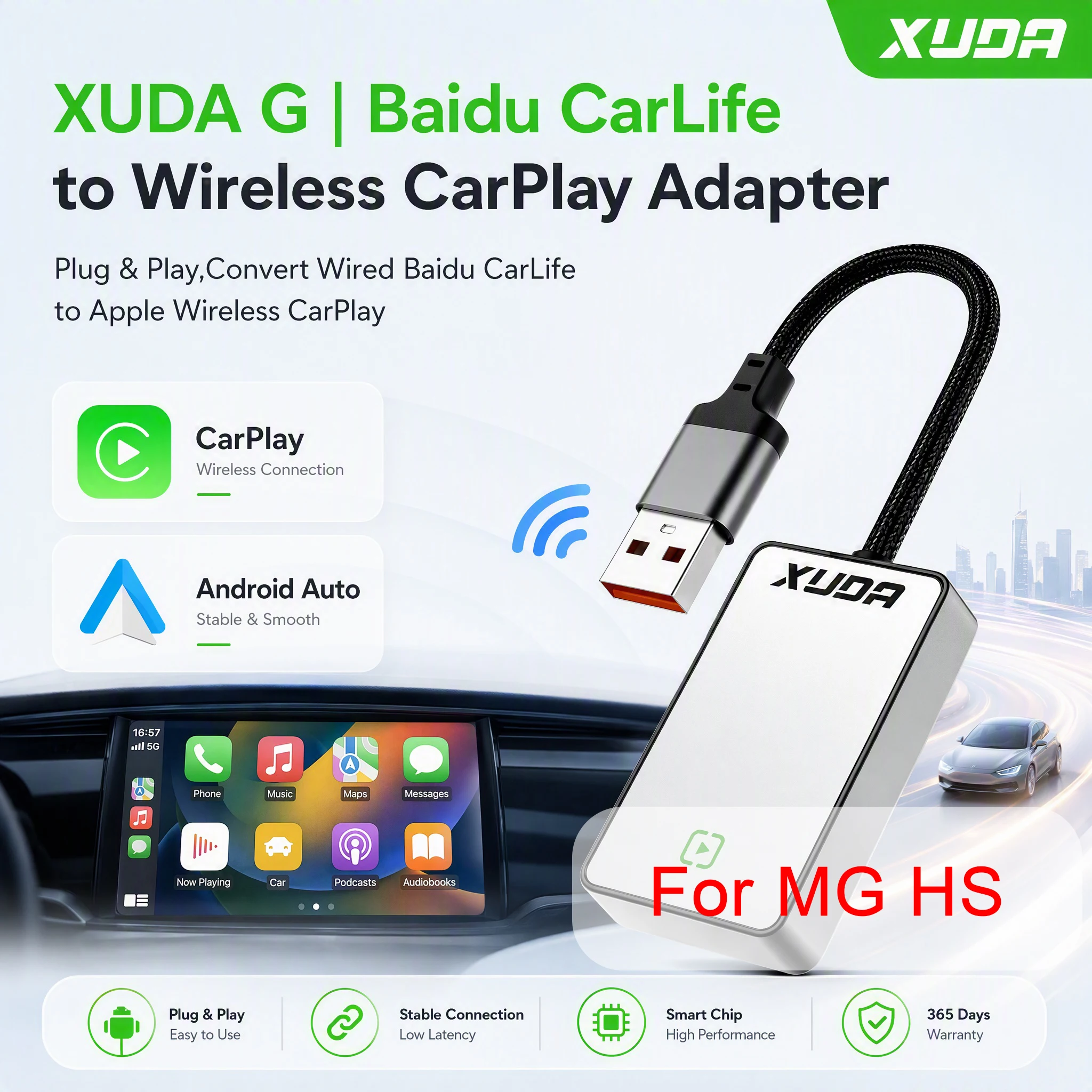 XUDA Smart Box for MG HS Wireless CarPlay Baidu CarLife Android Auto Google Maps Calls Music; plug-and-play.wired and wireless.