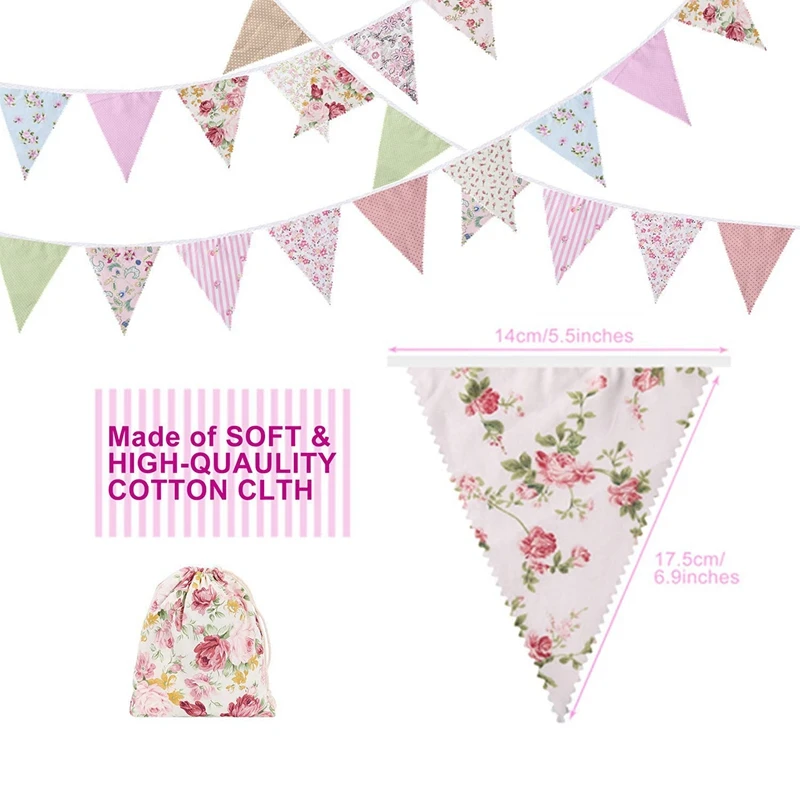 3X 40Ft Fabric Bunting, 42Pcs Outdoor Bunting Banner,Floral Vintage Cotton Triple-Cornered Flag For Birthday Party