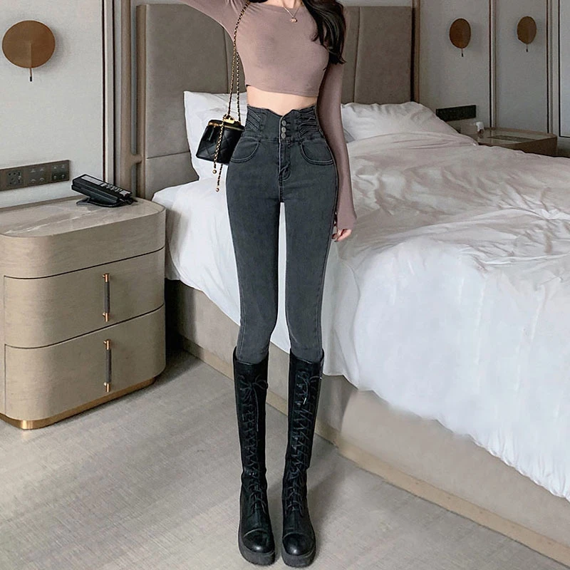 Tummy closing super high waist small leg jeans women black gray Slim three button single row nine points stretch pencil pants