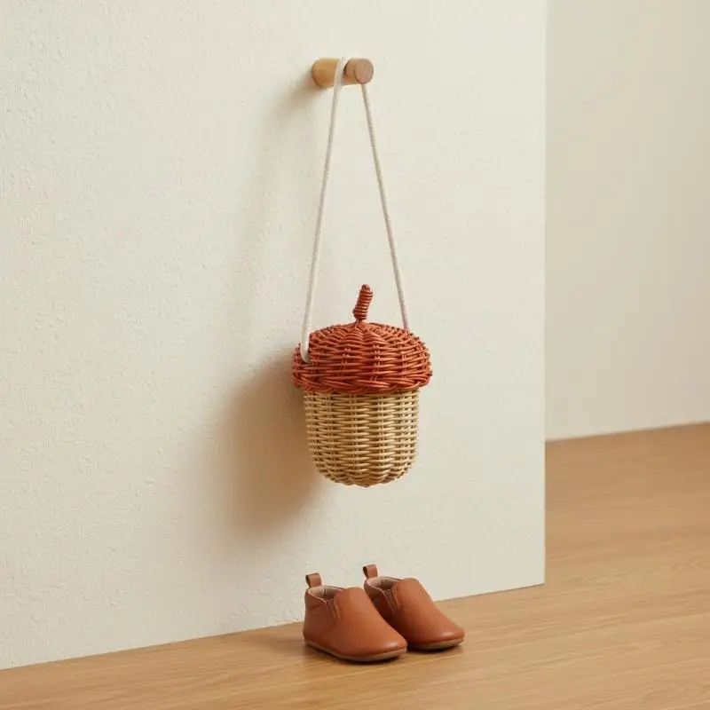 Acorn Shaped Handwoven Rattan Crossbody Bag Adjustable Strap Splash Resistant Boho Purse for Women Beach Pool Trips