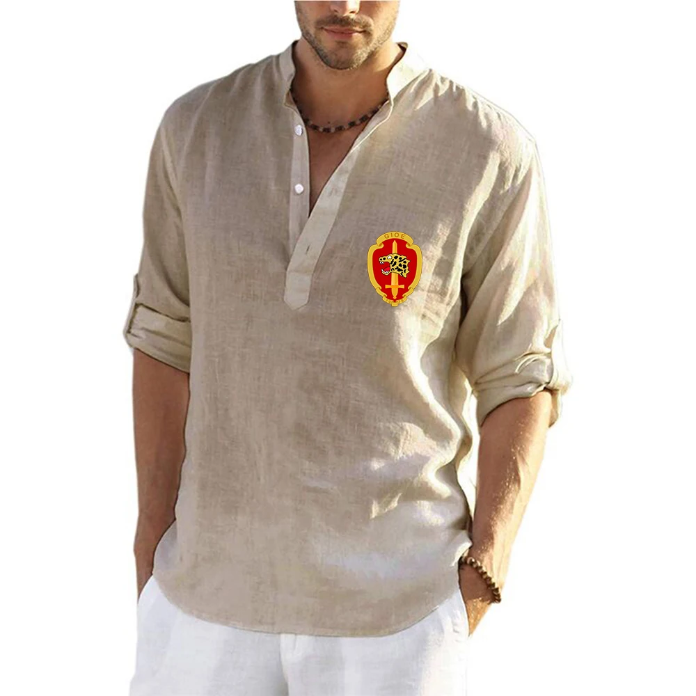 2026 Men's Portugal GNR National Guard Gendarmerie GIOE Special Forces Unit Logo Print V-Neck Summer Breathable Flax Shirt