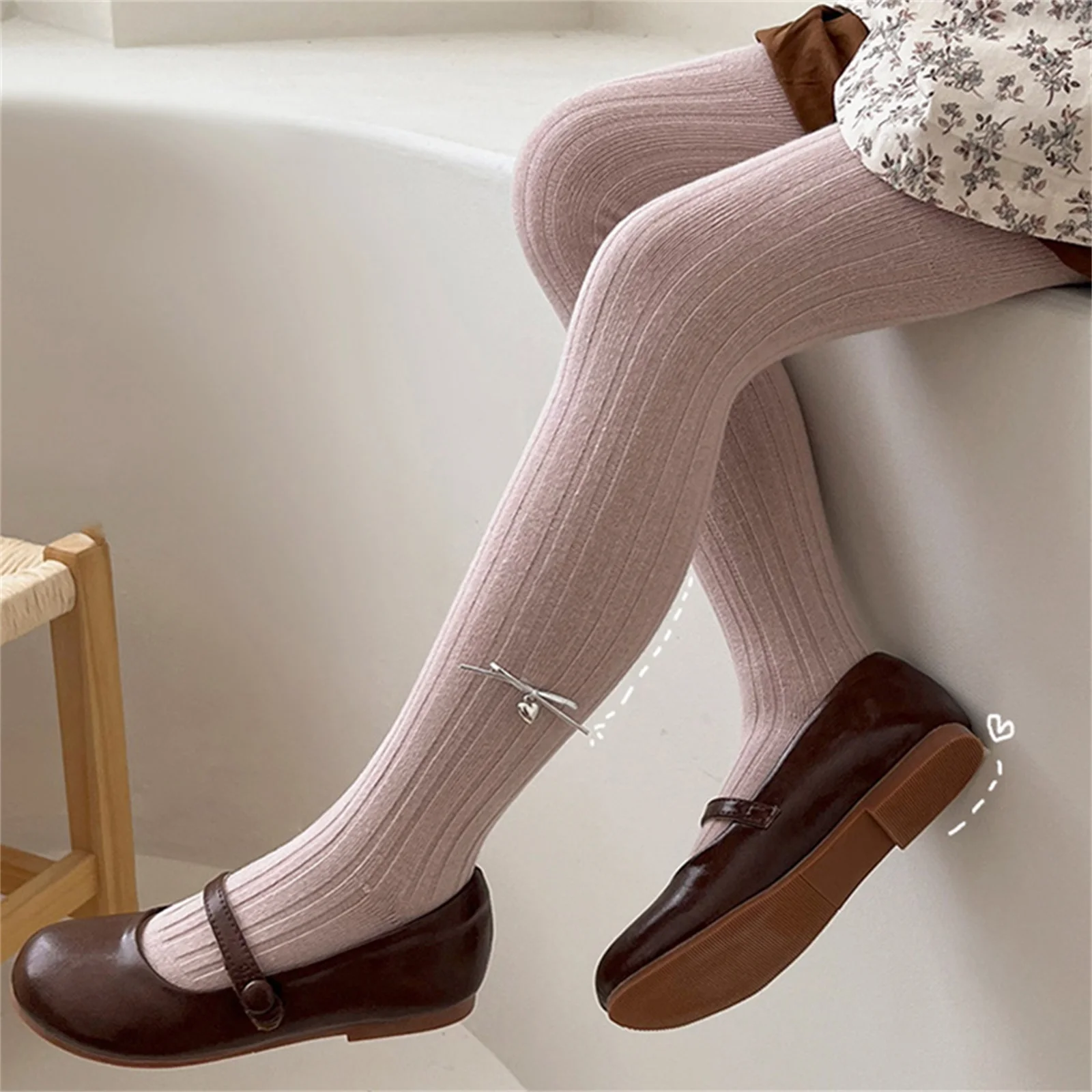 Baby Girl Fashion Warm Leggings Tights Casual Ribbed Knit Footed Tights Pantyhose Soft Toddler Stockings with Heart Bow