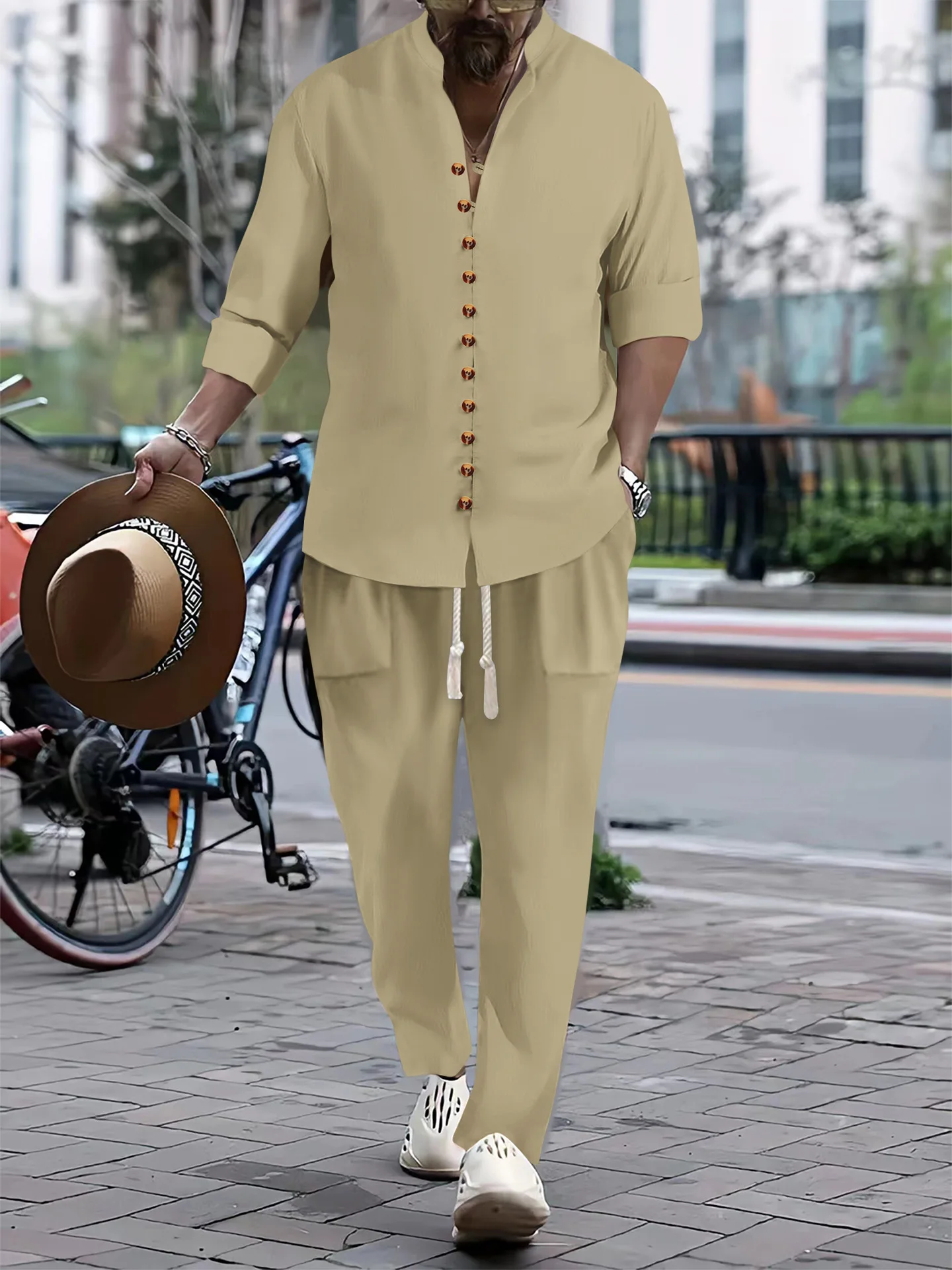 Spring/Summer New Men's Cotton-Linen Solid Color Retro High-Quality Comfortable Breathable Long-Sleeved Long Pants Set