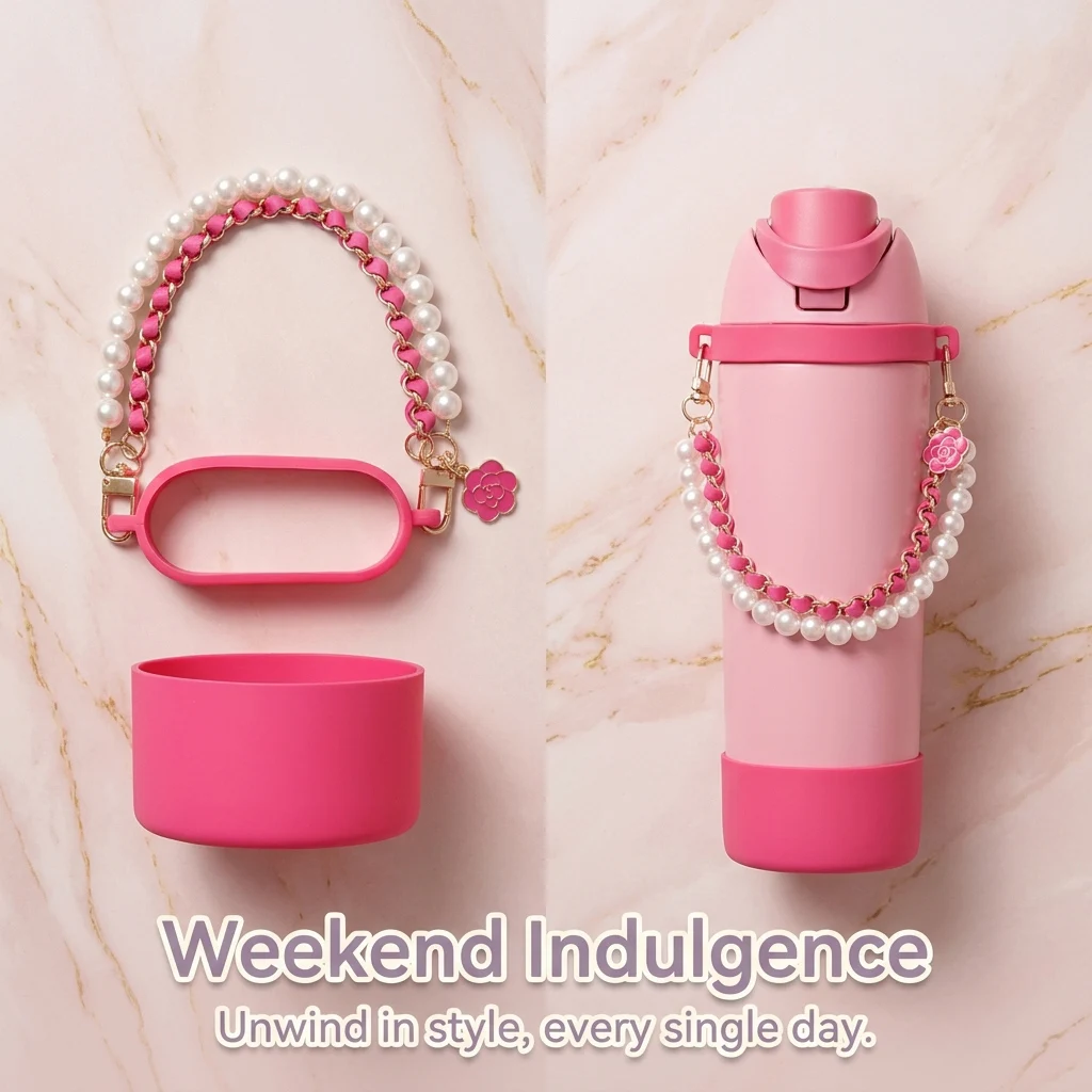 Water Bottle Handle Strap & Boot Set for Stanley 40oz Tumbler, 16oz and 19oz Water Bottle,Coquette Pink Pearl Style Cup Decor