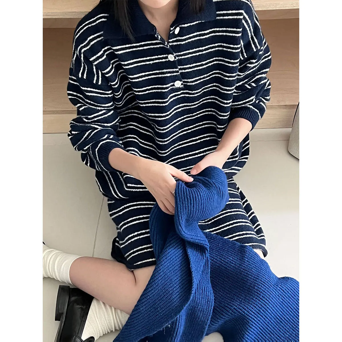 

Turn-down Collar Striped Knit Sweater + Skirt Set Women Loose Sweater For Autumn And Winter