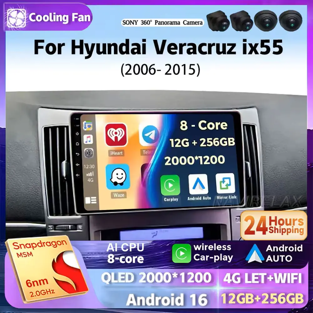 Android 16 For Hyundai Veracruz ix55 2006 2007 2008 - 2015 2K QLED Android Car Radio Multimedia Video Player GPS Stereo CarPlay
