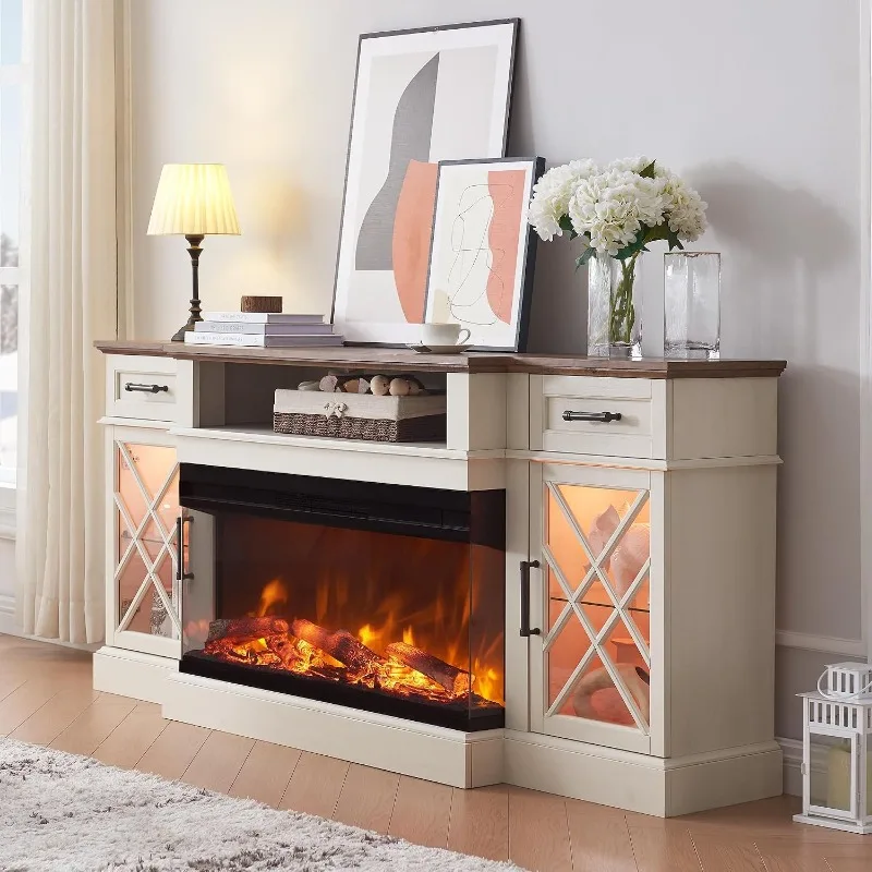 OKD 3-Sided Glass Farmhouse Electric Fireplace TV Stand for TVs up to 80'', Highboy Entertainment Center with Glass Door Storage