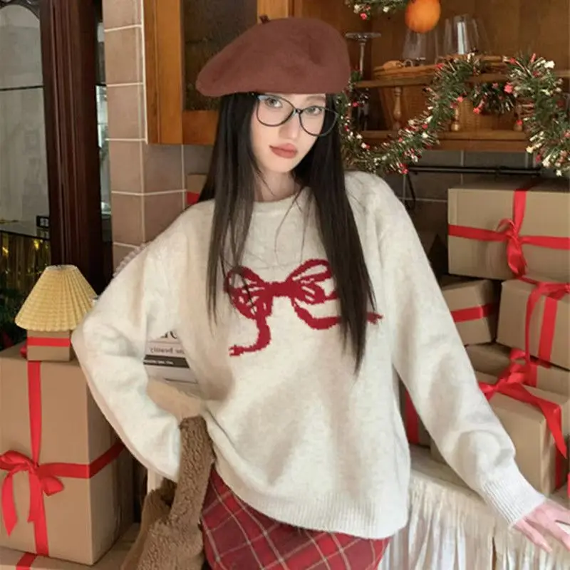 

Long Sleeve Pullover Korean Fashion Casual Short Tops Jumpers New Bow Jacquard Knitted Sweater Women Autumn Winter O-neck Retro