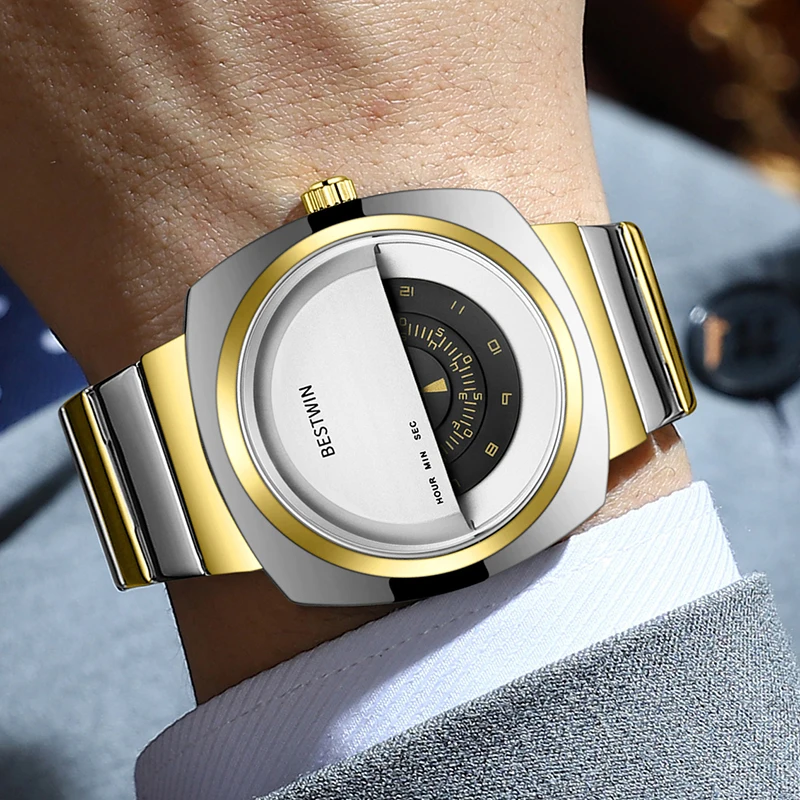 Unique Design Creative Men Watches Top Brand Luxury Fashion Men Wrist Watches Male Clock Gold Stainless Steel Band Dropship