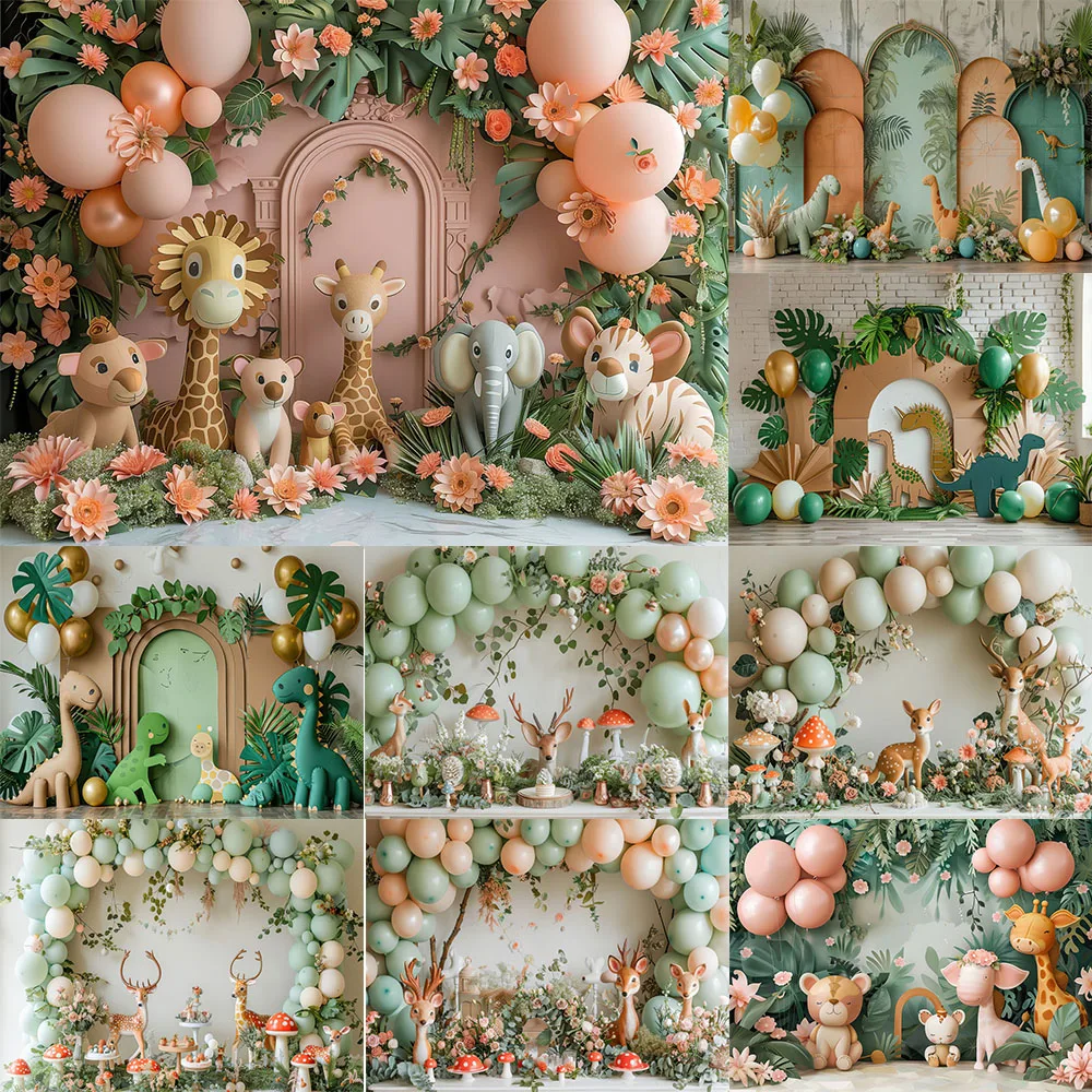 Jungle Animals Photography Background Color Balloon Party Decorations Kids Birthday Cake Smash Portrait Backdrop Photo Studio