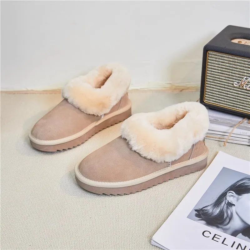 

Classics Ankle Boots Women Genuine Leather Flat Bottom Snow Boots Natural Wool Inside Snow Boots Warm Winter Shoes Ankle Boots