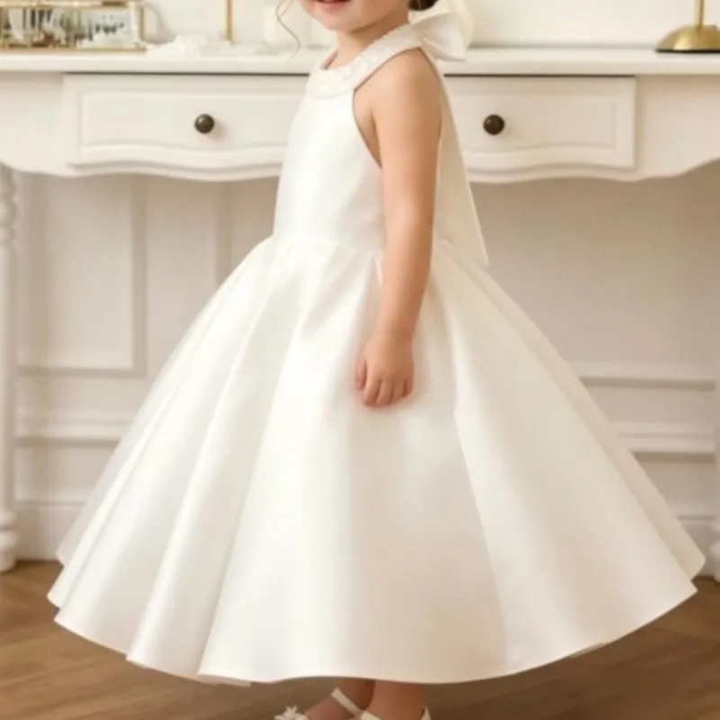 Baby Girl Princess Long Dress Infant Toddle Teens Child Vintage Bow Back Vestido Beading Collar Wedding Birthday Party Ball Gown