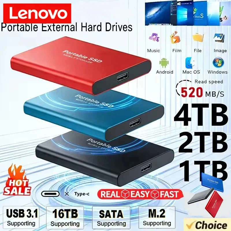 

Внешний жесткий диск Lenovo New Portable 2TB SSD 4TB 16TB с интерфейсом Type-C USB 3.0, высокоскоростной, 8TB, для ноутбуков