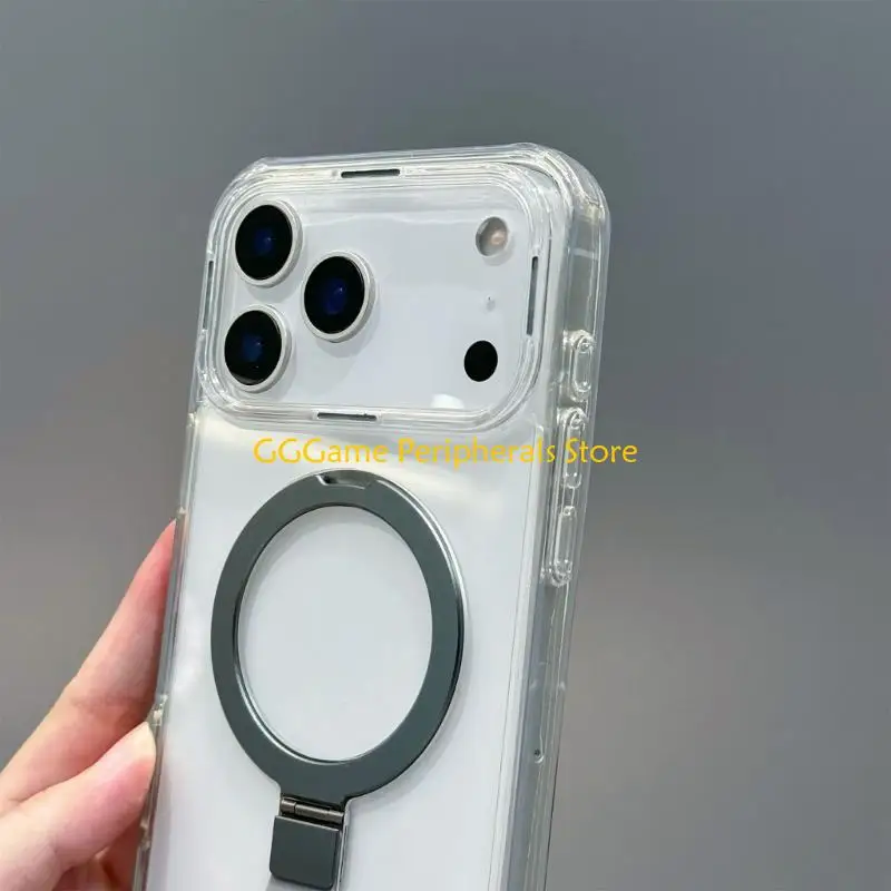 U55B حافظة هاتف بمسند مغناطيسي شفاف للهاتف سلسلة 15/16/17 مع سلك معصم مضاد للسقوط وحبل قابل للفصل