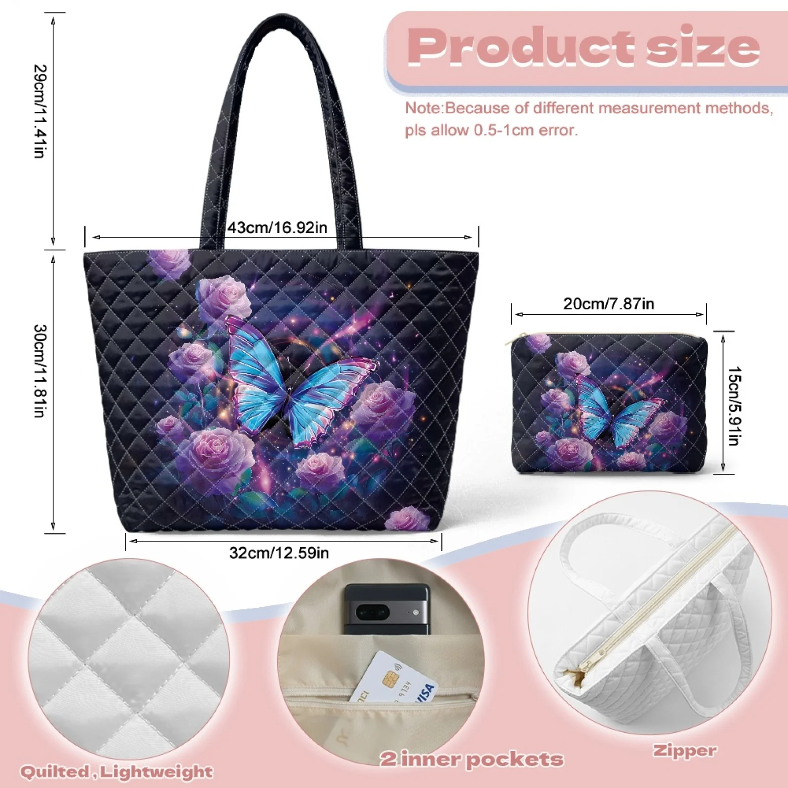 Coloranimal Otter Shell Design 2 Pack Quilted Tote Handbag with Cosmetic Bag for Excursions Lightweight for