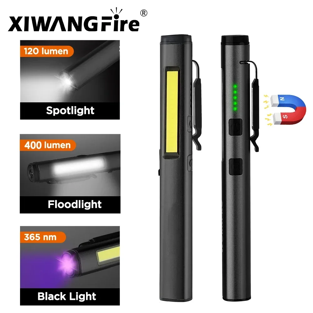 

Multifunctional 4 in 1 LED Flashlight Mini USB Rechargeable 800mah Pen Clip Flashlight 365nm UV Light COB Camping Work Repair