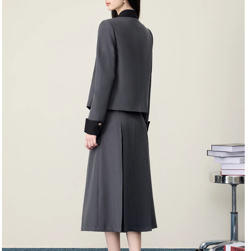 طقم بدلة نسائية أنيقة من NAVIU لخريف 2025 سترة جديدة احترافية مزدوجة الصدر بأكمام طويلة وتنورة ملابس عمل للسيدات في المكتب