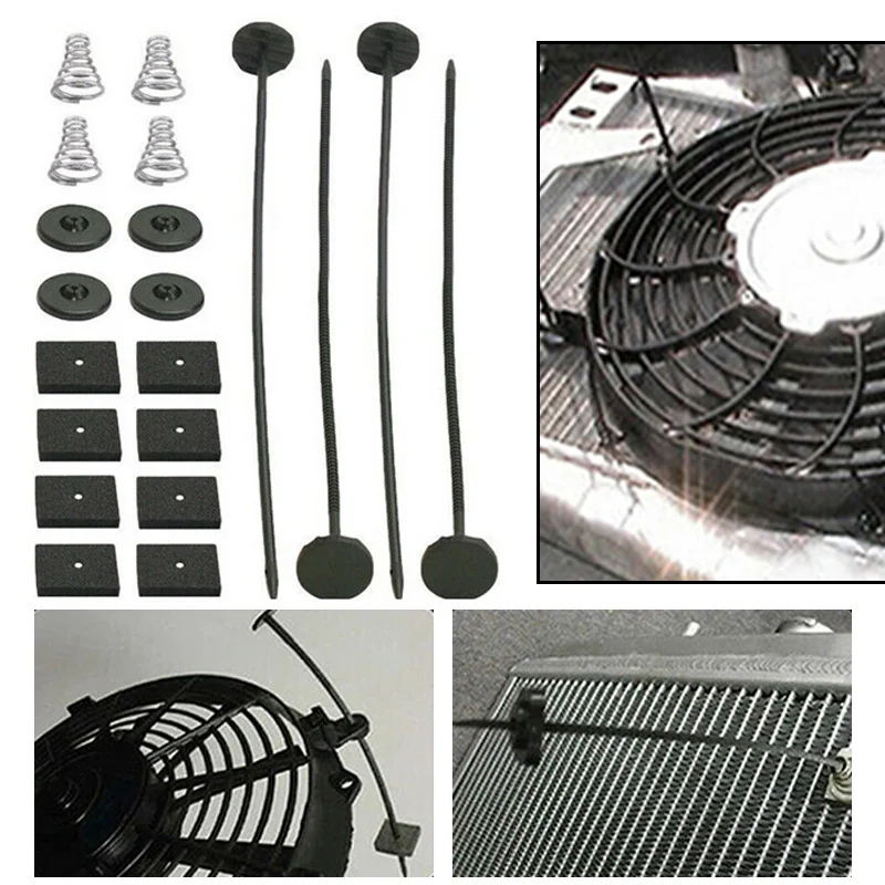 4 Pack Electric Radiator Fan Tie Strap Mounting Kit Zip Ties Straps Tabs Spring Securing Clips Foam Pads Springs Plastic Rods
