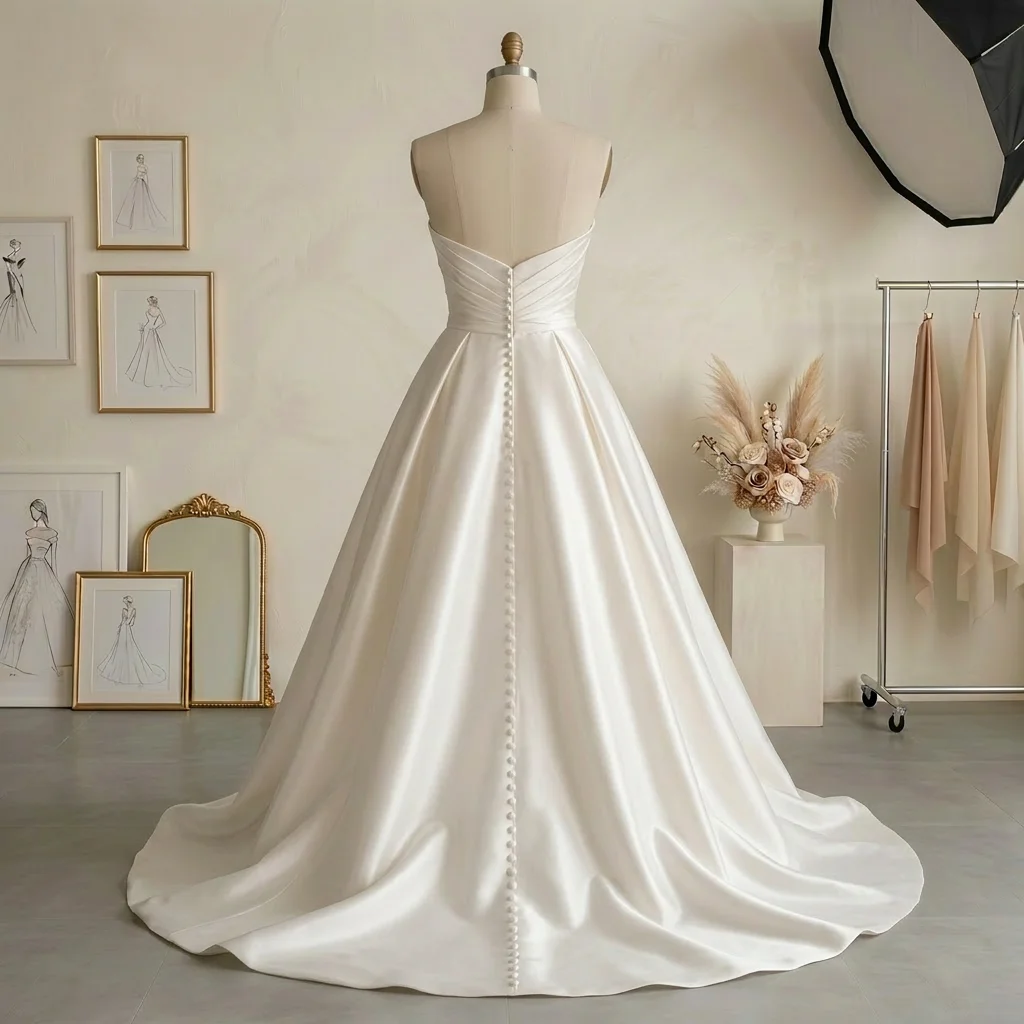 Strapless Sweetheart Satin Ball Gown Wedding Dress with Pleated Bodice & Button Back Train Bridal Gown