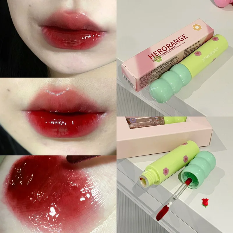 Cute Mirror Glass Lip Gloss Moisturizing Lip Plumper Oil Anti-Cracking Sexy Wood Red Water Glossy Lip Tint Non-stick Cup Makeup