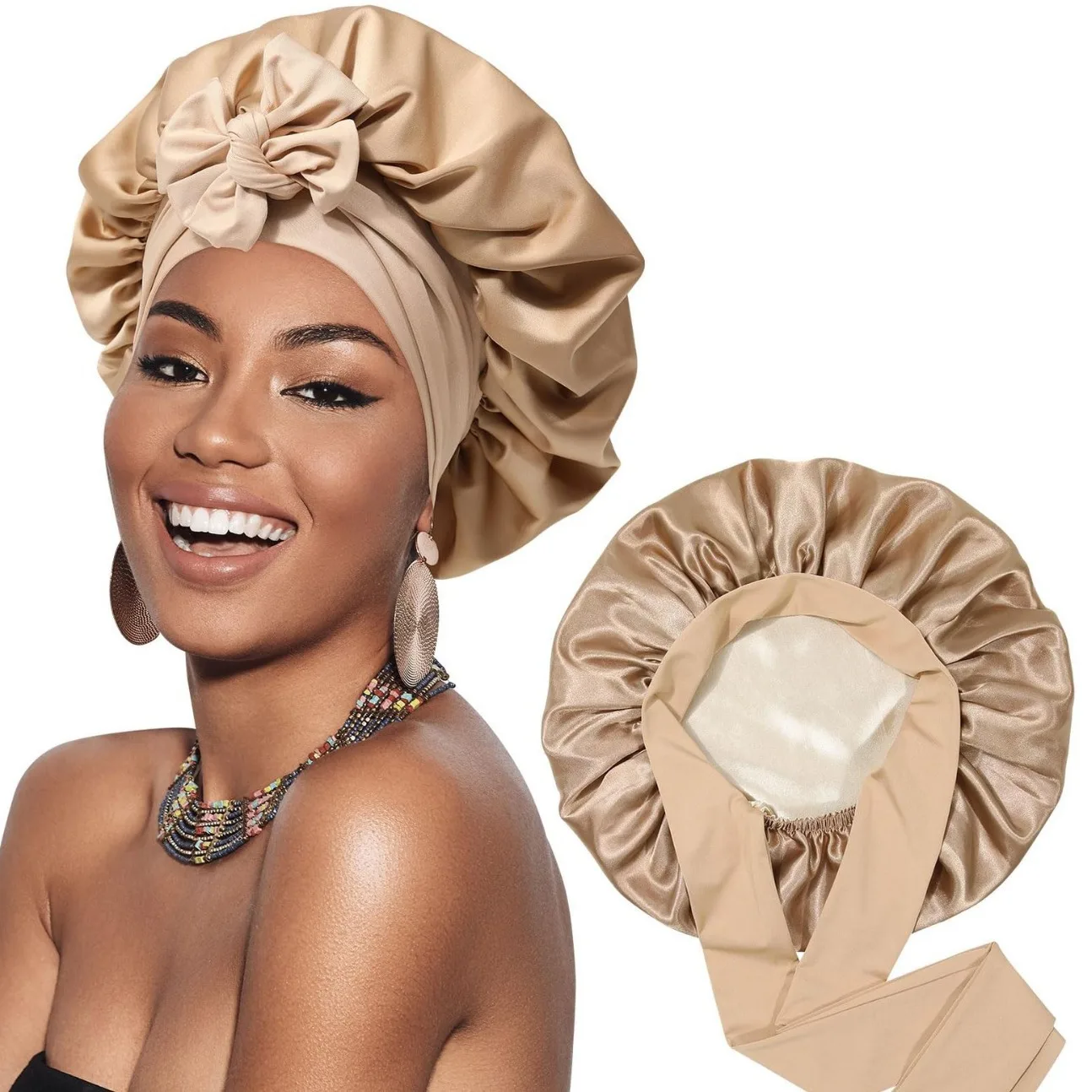 New Satin Double Layer Bonnet Solid Wide Tie Band Stretch Head Silky Bonnet Edge Wrap Nightcap Hair Care Shower Bonnet for Women 3