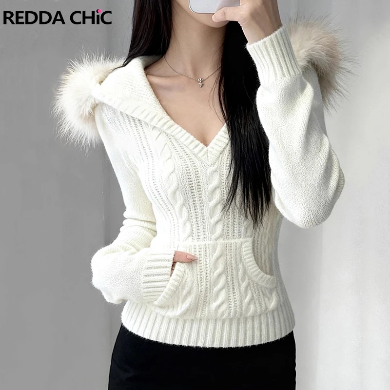 

REDDACHiC белый свитер с капюшоном из искусственного меха, женский свитер с v-образным вырезом и длинными рукавами, карманами, вязаный джемпер Gyaru Y2k, корейская осенне-зимняя одежда