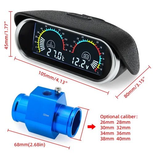 Imagen 2 del producto 12V 24V 2 en 1 LCD Digital camión coche medidor de temperatura del agua voltaje 1/8 NPT 10mm adaptador de Sensor de temperatura 26-40MM tubo de unión