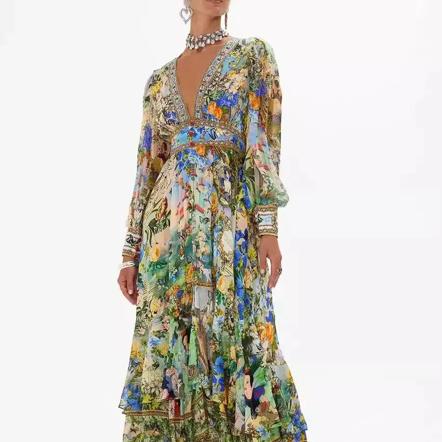 Europese en Amerikaanse nieuwe collectie Hot Sale PrintingVCollar lange mouwen bubble mouw taille gebonden zomer nieuwe dameskleding - afbeelding 2