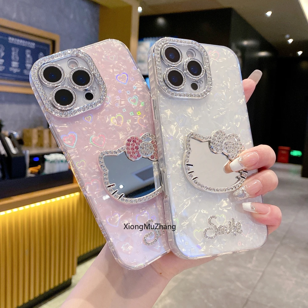 3D-Make-up-Spiegel Glitzer Niedliche Cartoon Sanrio Hello Kitty Handyhülle für iPhone 18 17 16 15 14 13 12 11 Pro Max Stoßfeste Hülle