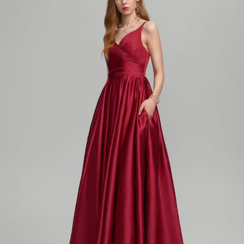 Elegante vestido de baile com decote em V para mulheres, vestidos de noite com cintas espaguete, vestidos de festa simples