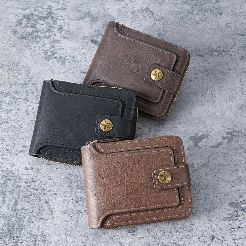 2024 Retro Short Wallet Zipper Multifunctional Card Bag Tri-fold Buckle Coin Purse Four Seasons Unisex Retro Zipper Wallet