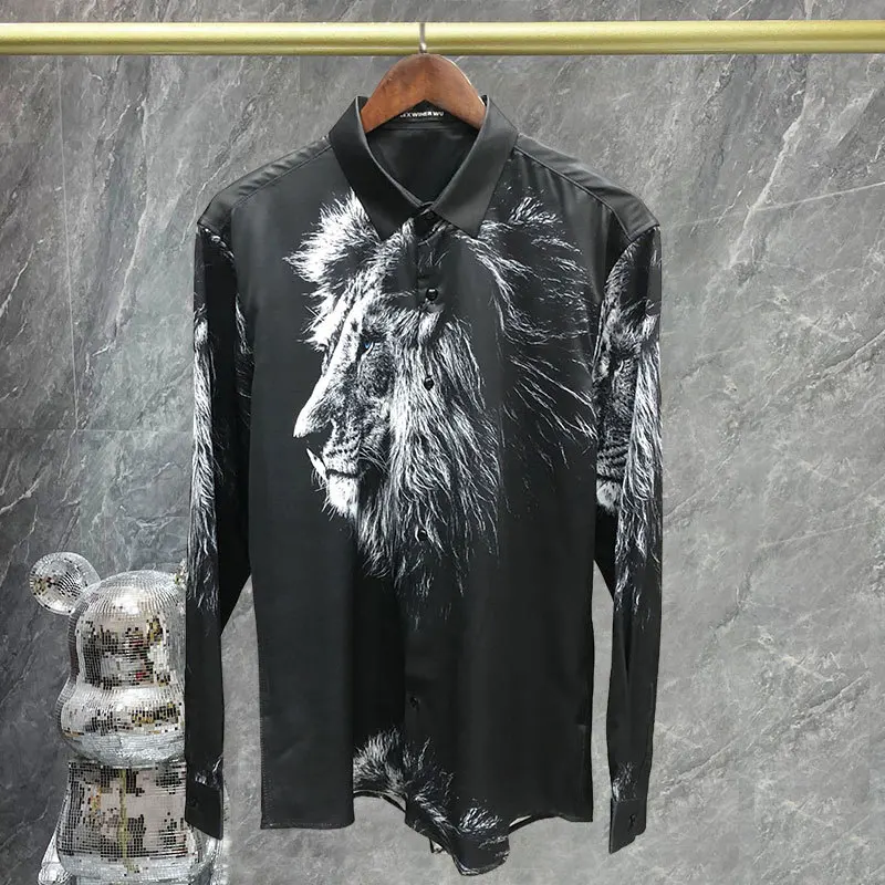 

High Quality Lion Print Shirt Camiseta Masculina Fall Shirts For Men Social Club Outfits Fashion Print Shirt Men Dress Shirts