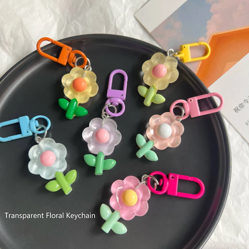 Colored Flowers Key Chain Transparent Flowers Pendant Key Ring Backpack Charms Car Decoration Bag Accessories