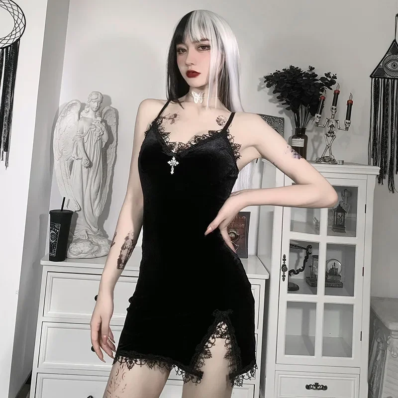 

Dark Cross Black Mini Dress Vintage Sexy Spaghetti Strap High Waist Slit Dresses Goth Party Club Women Dress beach suits