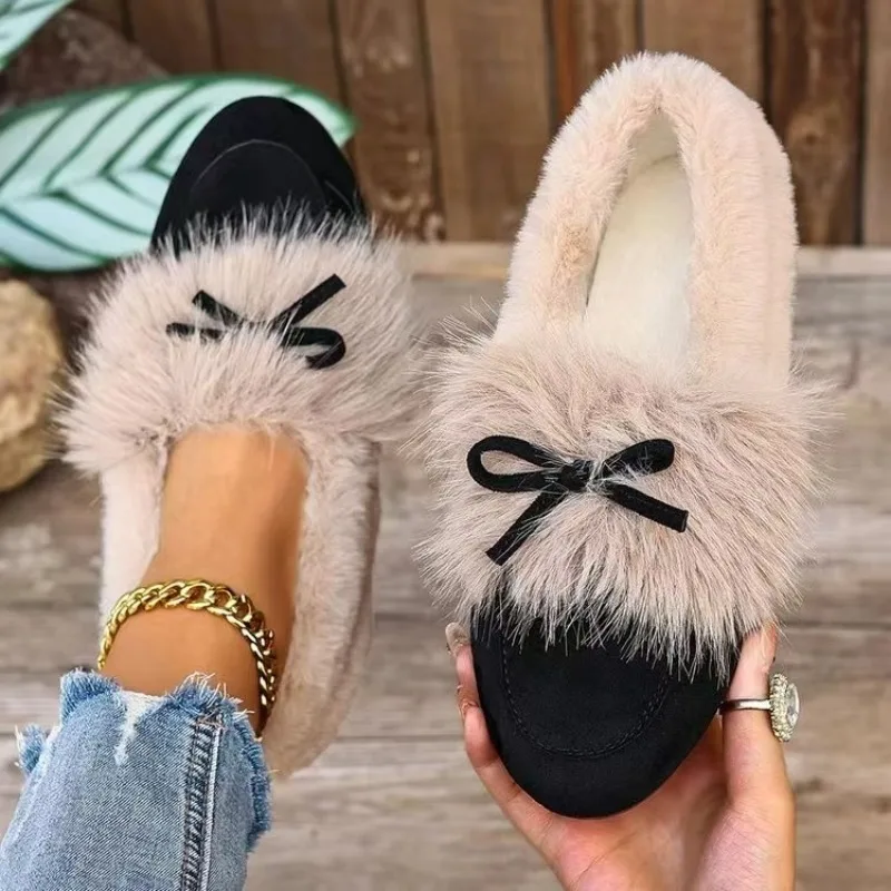 Women's Autumn Winter Thickened Plush Bean Shoes Flat Bottom Bow Tie Simple Versatile Lazy Women's Shoes Cross-Border
