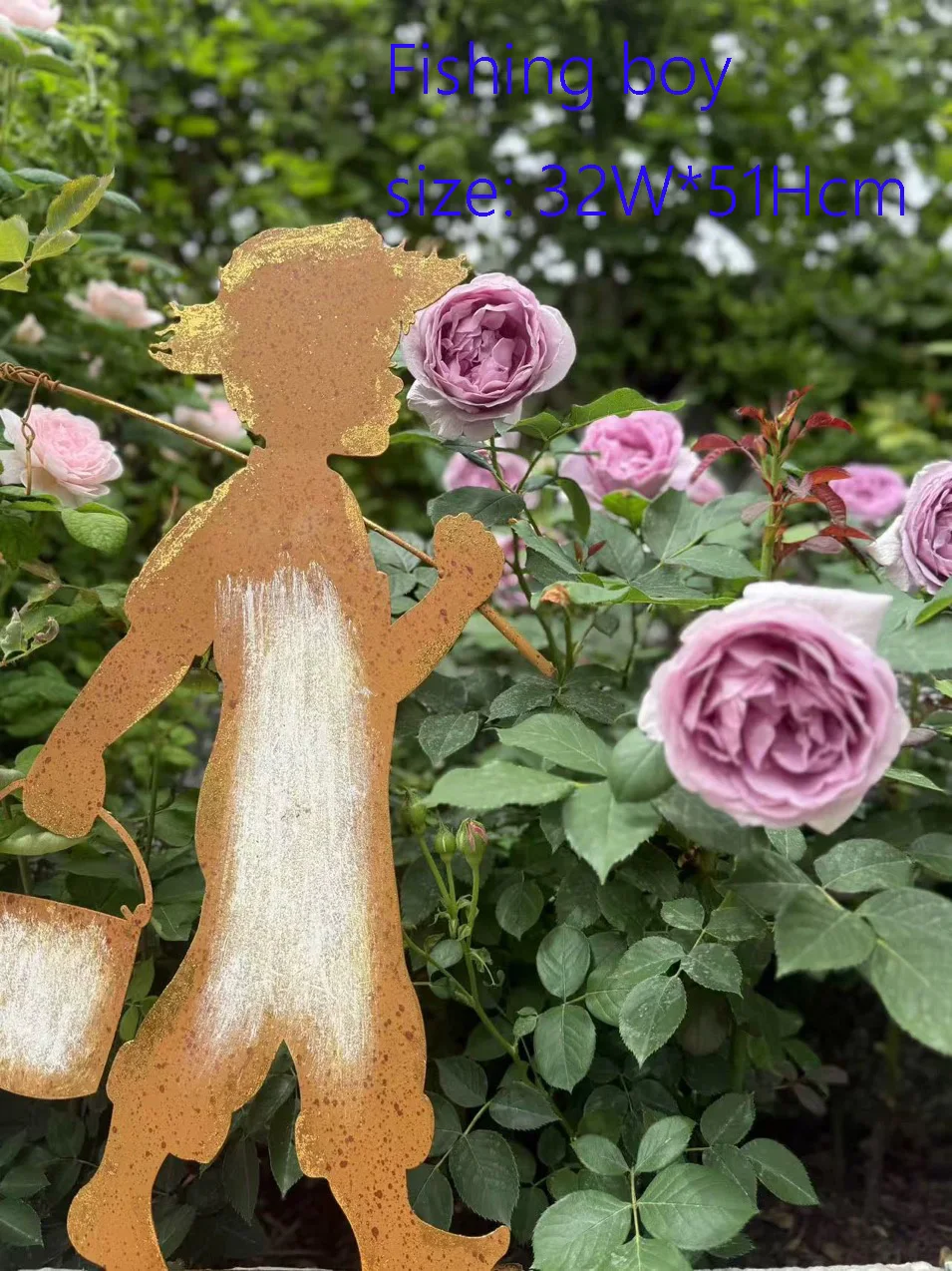 Garden Silhouette Stakes, Decorative Metal Figures, 32W x 51H cm, Fishing Boy and Flower Girl Design, Rustic