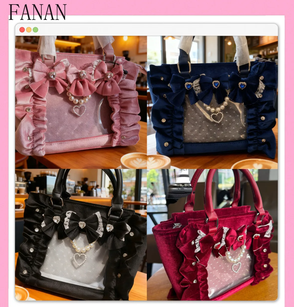 Gothic Lolita Handbag Velvet Bow & Rhinestone Casual Handbags Transparent Crossbody Bags for Women Elegant Top-Handle Bag
