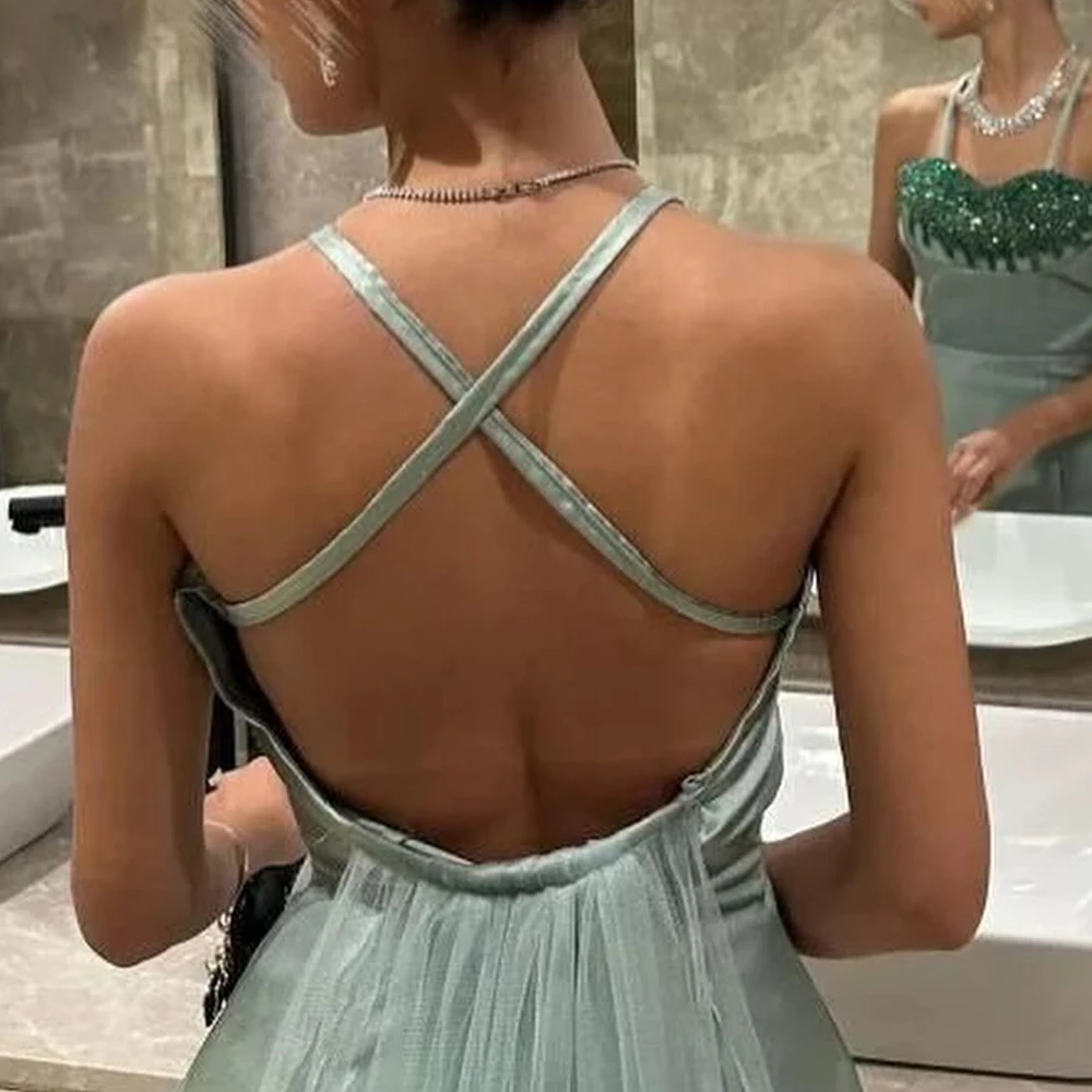 Customized Exquisite Spaghetti Straps Crystal Sequined Criss-Cross Backless Evening Dress Elegant Panel Train Vestido De Festa